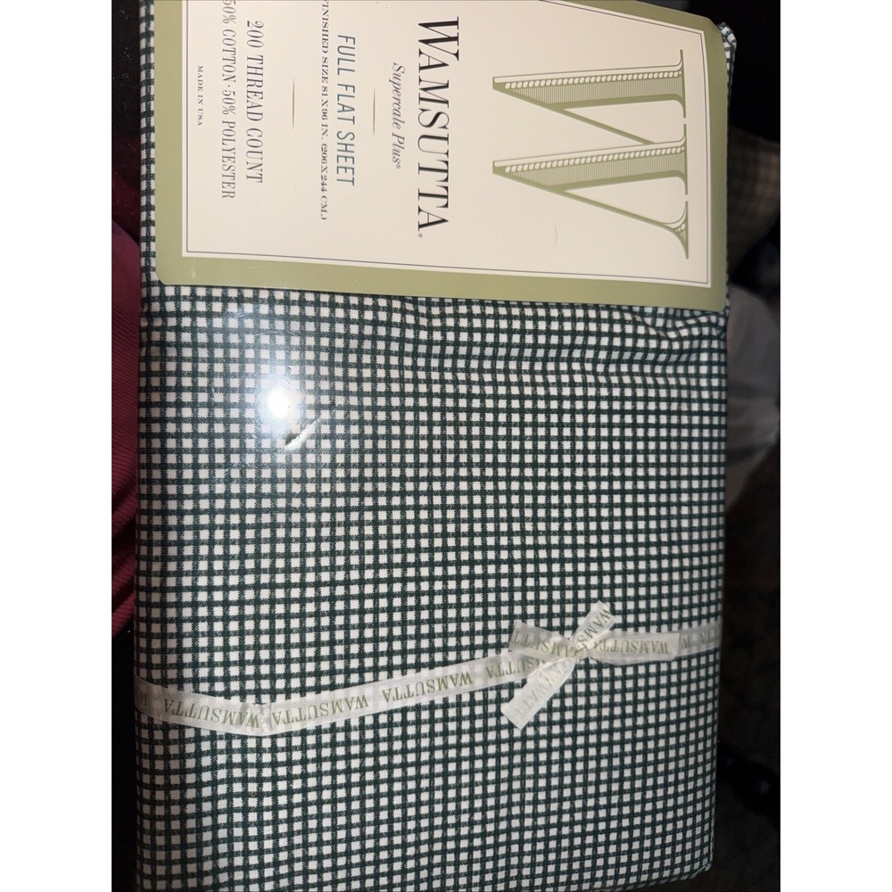 Wamsutta-Supercale Plus-Full Flat Sheet-Green Gingham 200 Thread Count